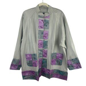 NEW Daily Planet Silk Blend Jacket‎ Women XL Purple Gray Asian India Floral Boho